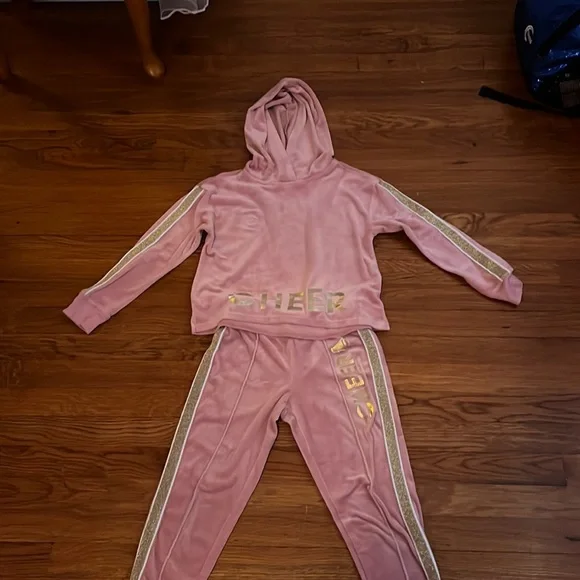 Justice girl velour pink and gold cheer sweat outfit